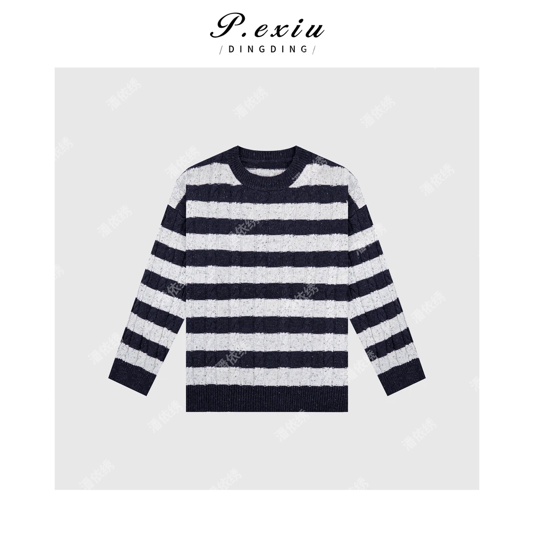 羊-毛复古条纹拼色慵懒风圆领针织毛衣66163