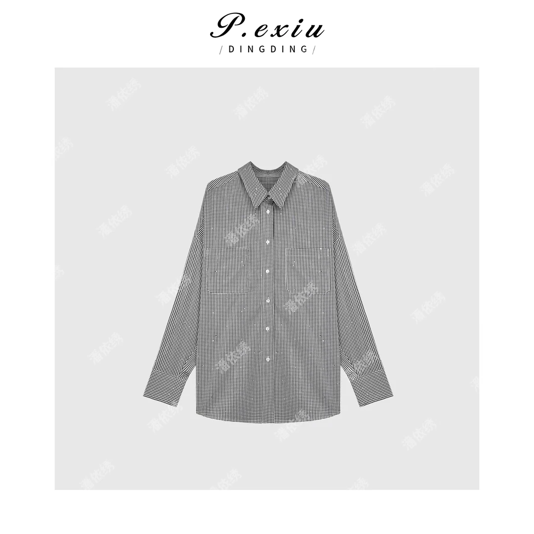 美式慵懒烫钻格子衬衫 Q45045