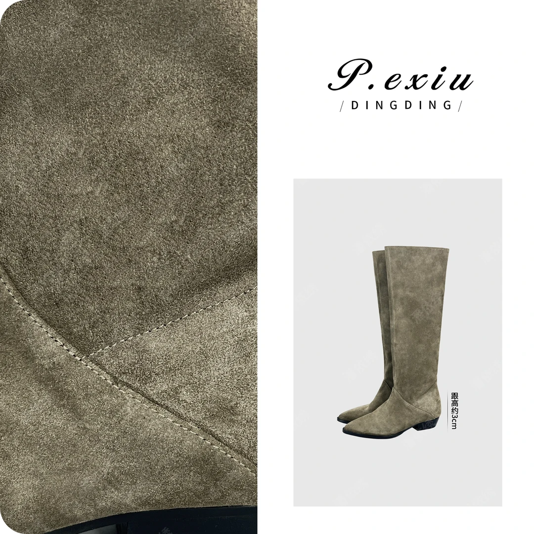 PanYiXiu/潘依绣头层牛皮绒面英伦风过膝堆堆靴长筒靴 QL94202