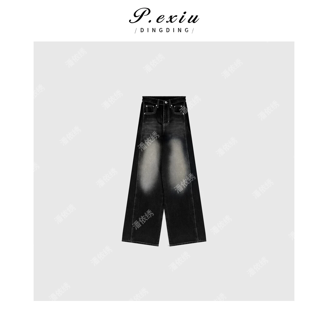 明线重工夏季拼接洗水直筒阔腿裤Q66978