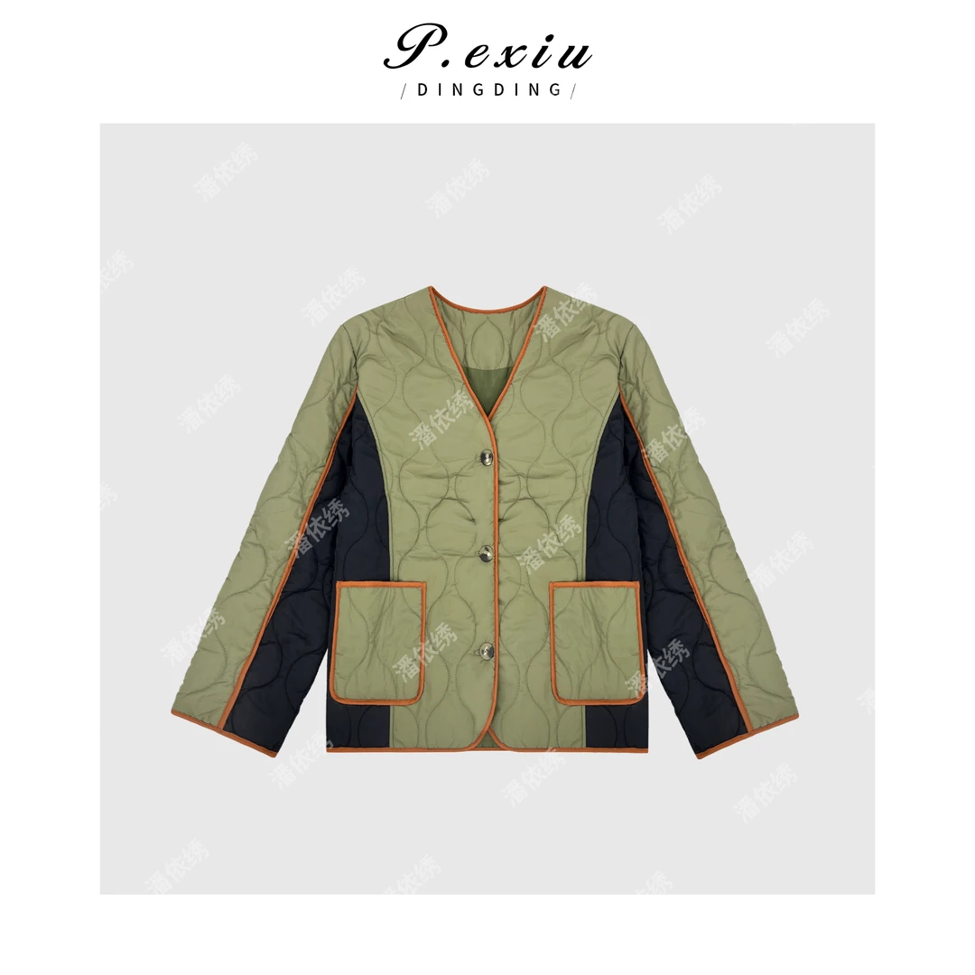 设计感明线撞色U领夹棉外套 Q34021