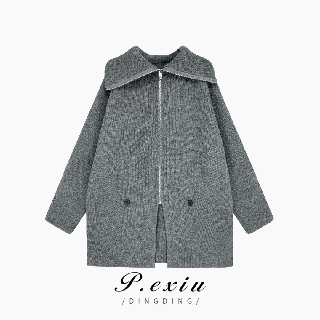 秋冬新款设计感立领拉链长款毛衣外套 L2320