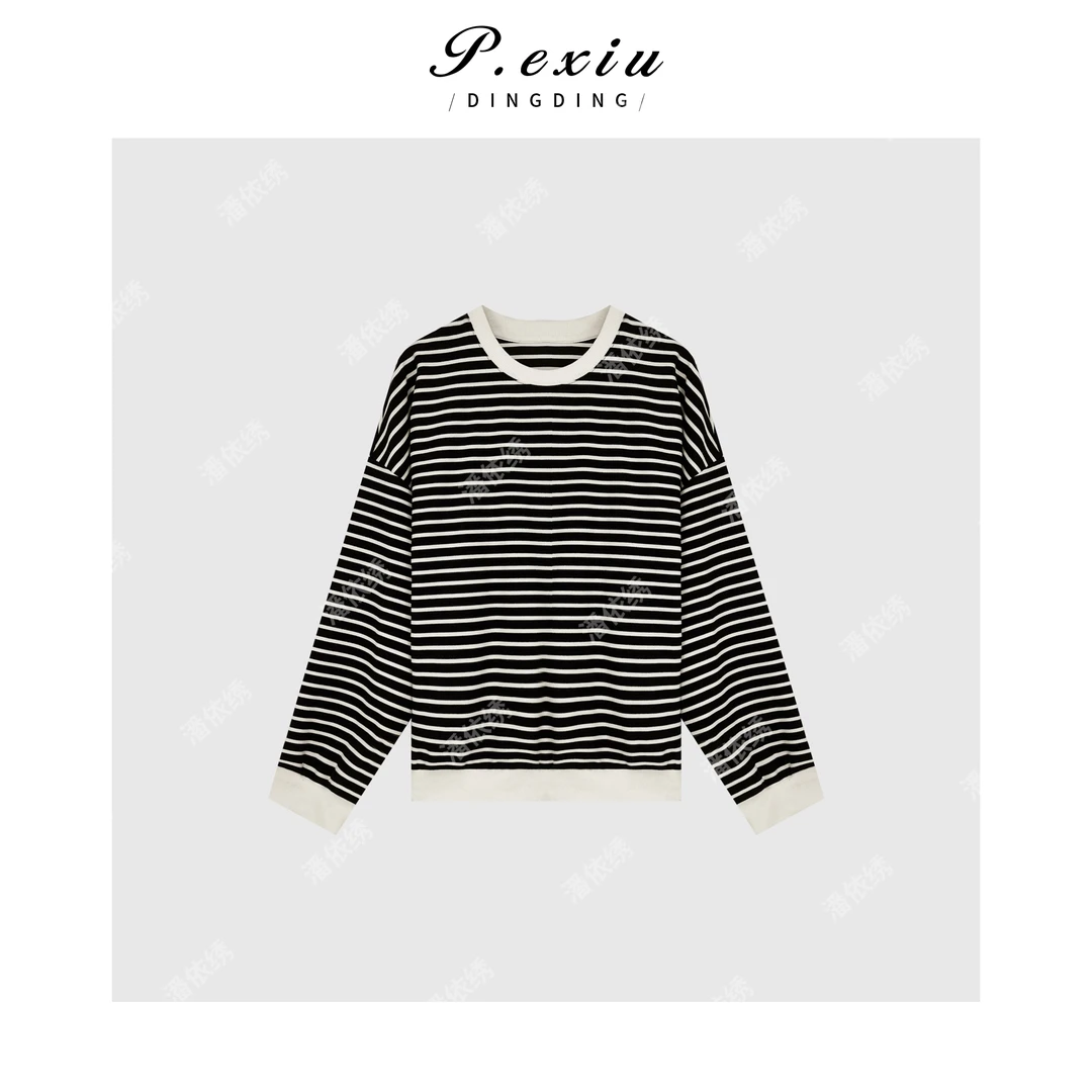 夏季新款长袖宽松百搭黑白条纹上衣W87451