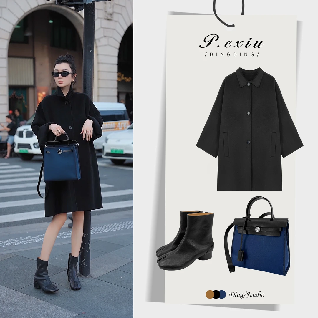 100%绵羊毛冬季设计感翻领毛呢大衣 ZX24074