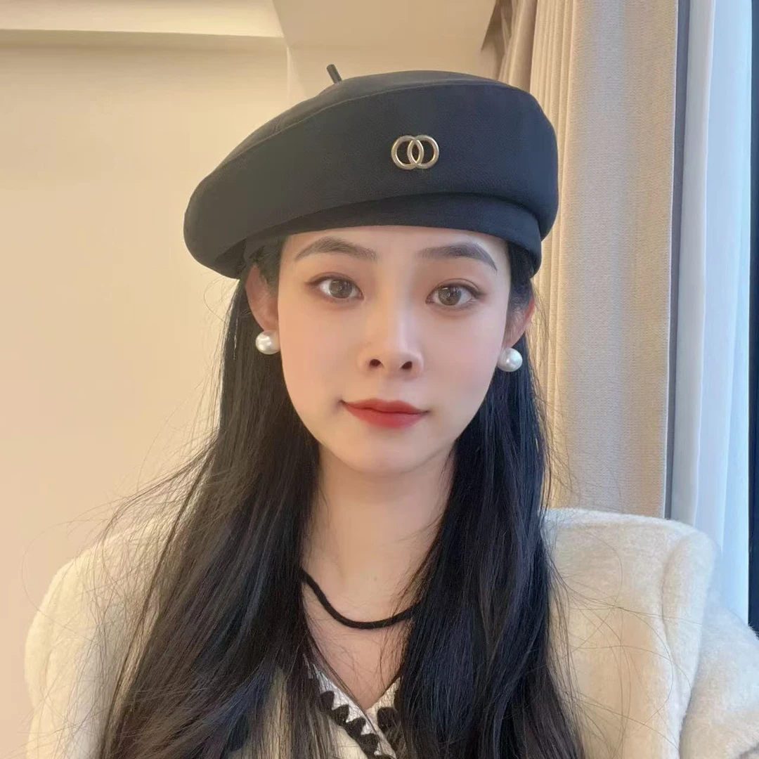 帽子字母 双环双圈贝雷帽女式百搭韩版潮英伦复古画家帽网红帽