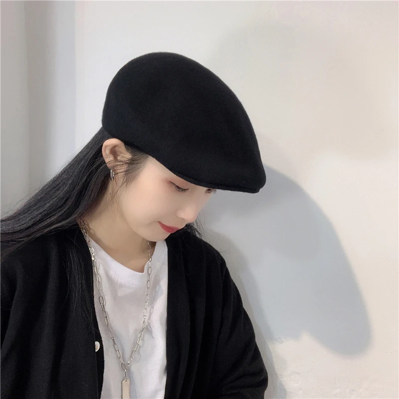 黑色毛呢刺绣贝雷帽女日系秋冬平顶英伦复古画家帽百搭甜美八角帽