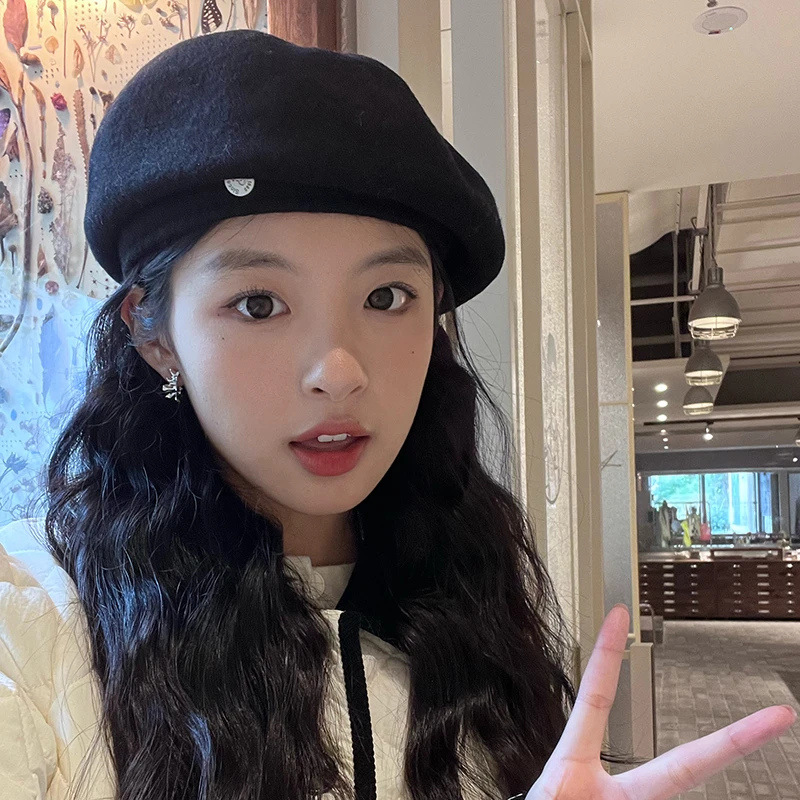 黑色绵羊毛呢贝雷帽女秋冬2022新款韩系网红八角蓓蕾帽保暖画家