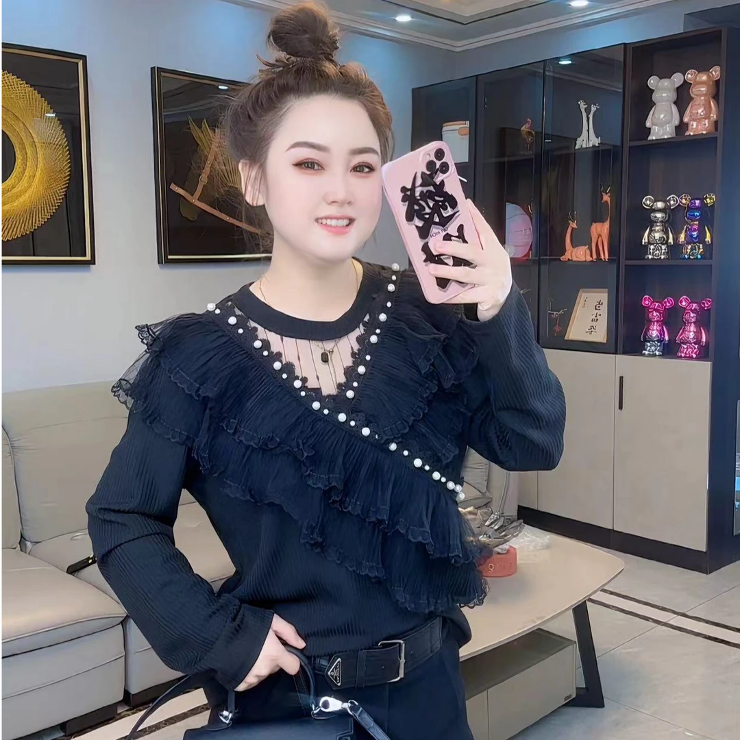 大码女装圆领网纱钉珠飞边上衣甜美减龄法式百搭显瘦气质小衫