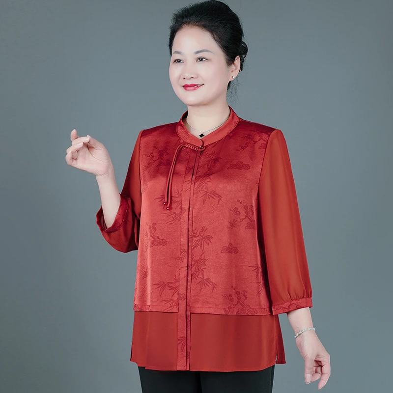 华太太中年妈妈装国风洋气宽松七分袖新中式时尚大码衬衣B0576