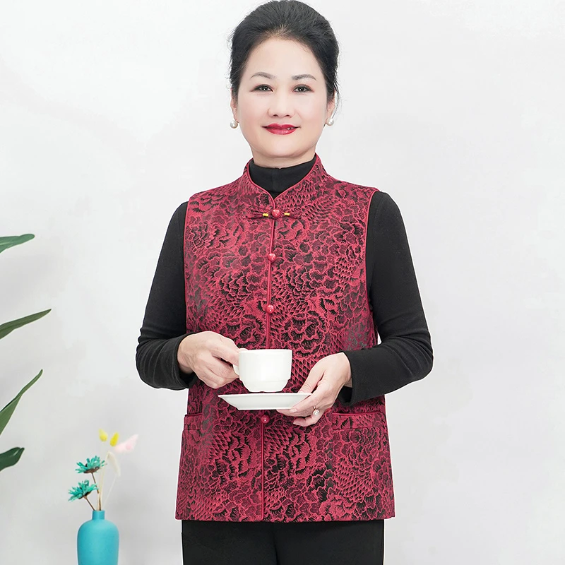 华太太中老年女装唐装双色提花马夹短款大码妈妈装马甲 C5037