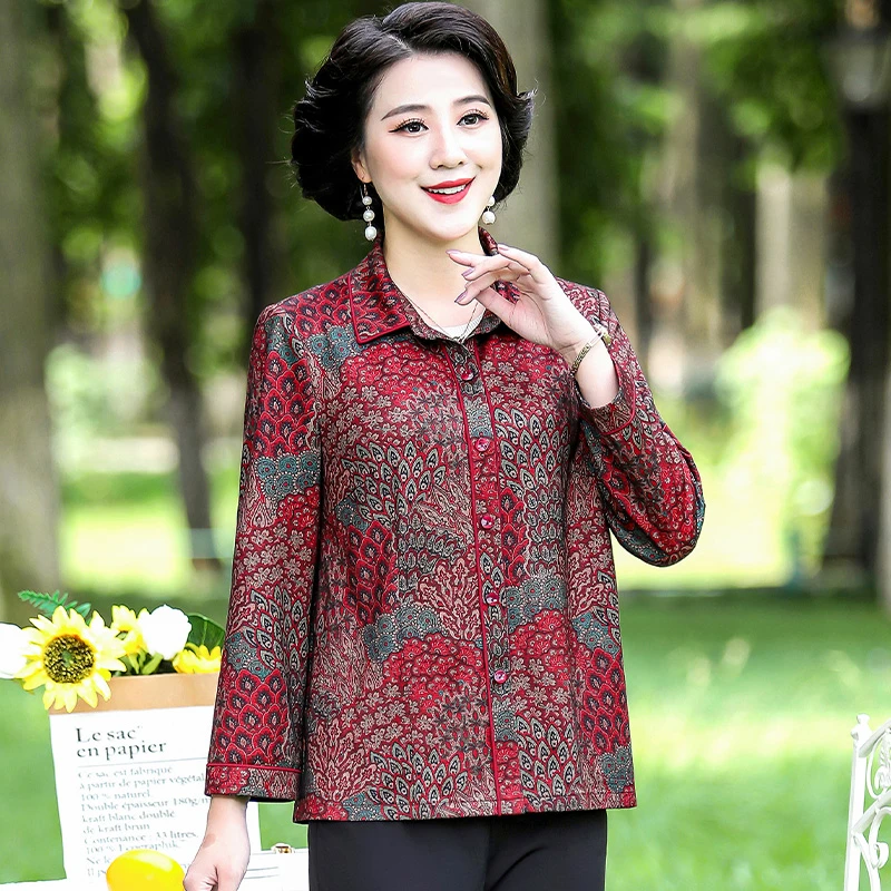 华太太衣长袖春秋新款洋气花色衬衫高贵中老年女装大码上衣C0106