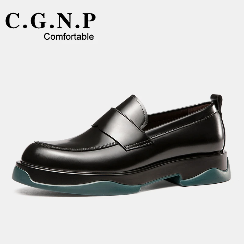 新款休闲乐福鞋男士皮鞋真皮圆头一脚蹬商务男鞋软底软面厚底增高