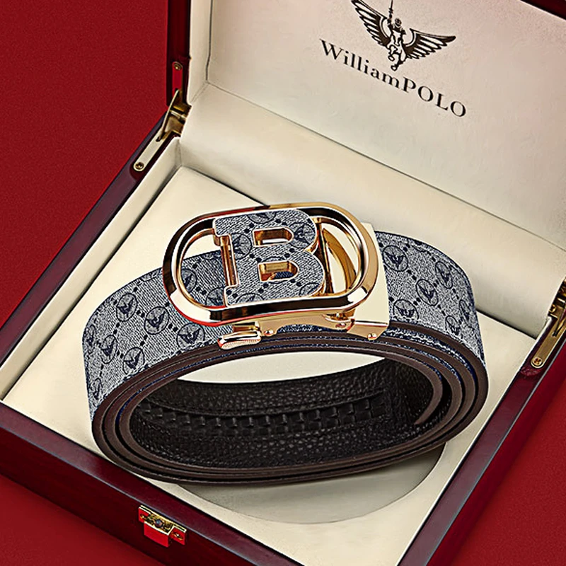 英皇保罗正品男士真皮皮带时尚潮流B字印花头层牛皮自动扣裤腰带