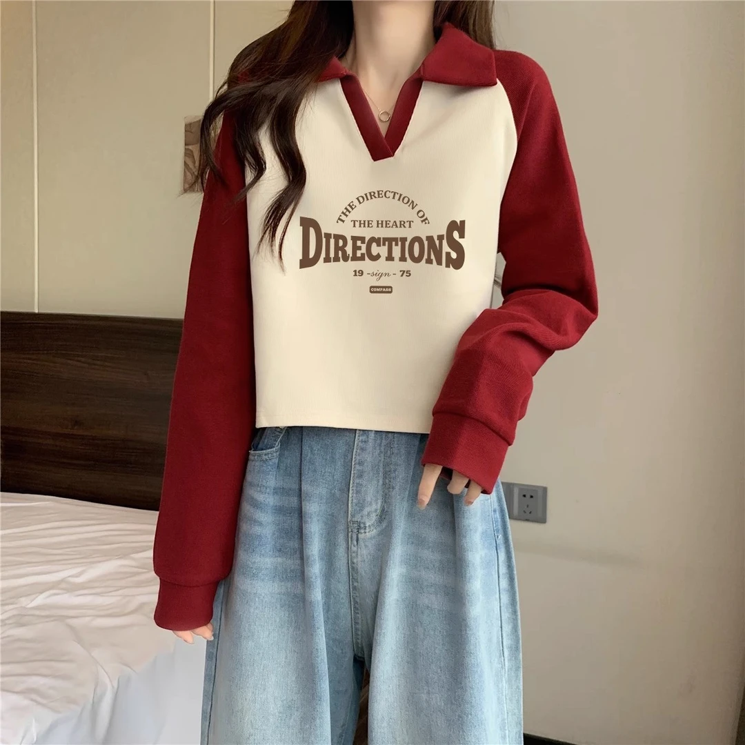 多巴胺短款卫衣女2023新款秋冬小众拼接百搭高腰露脐polo长袖上衣