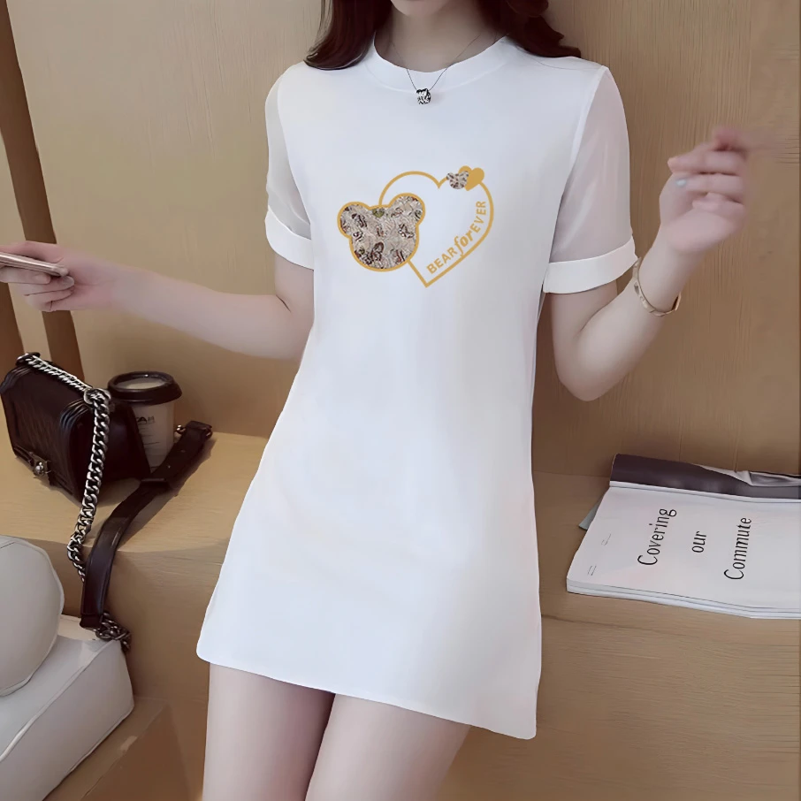 新款中长款短袖t恤女修身体恤上衣韩版2025夏季时尚印花连衣裙潮
