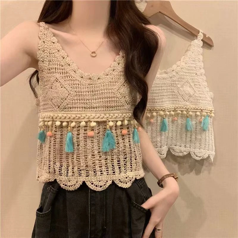 波西米亚复古流苏钩花镂空针织吊带背心女夏2025新款出游服装女