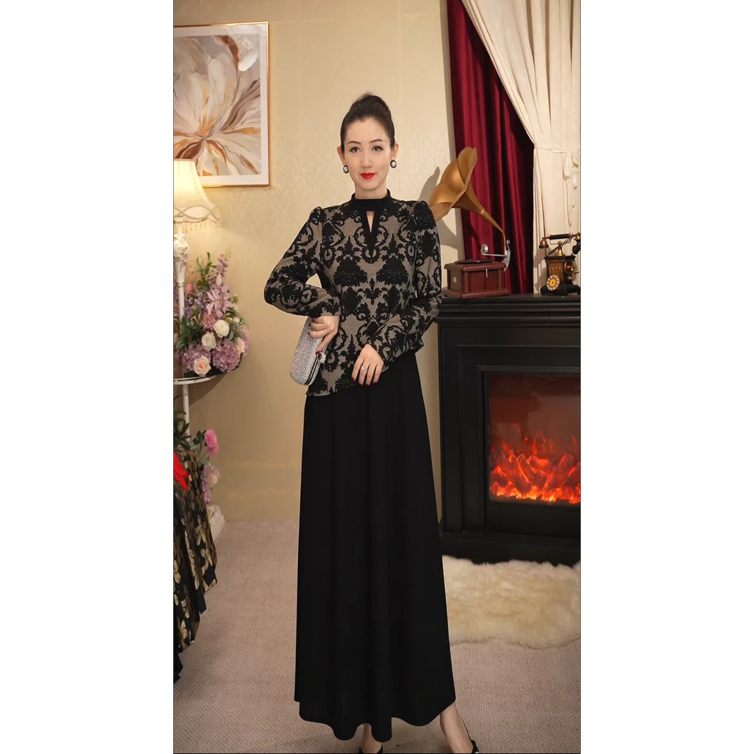 《丹尚爱》锦绣未央黑色冬季假两件加厚收腰显瘦立领提花女士连衣裙