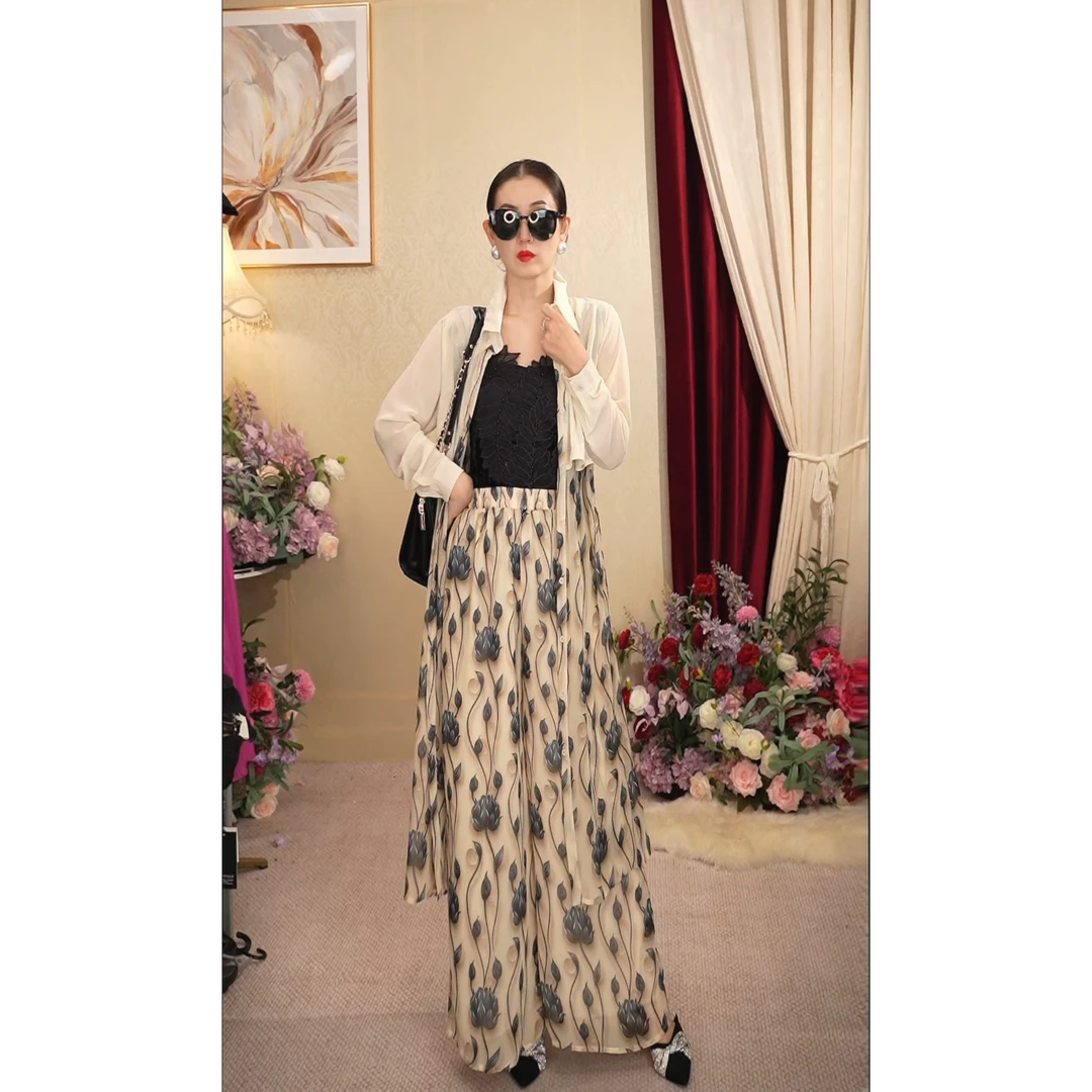 《丹尚爱》星沙法式印花气质显瘦长款秋季碎花直筒宽松温柔阔腿裤