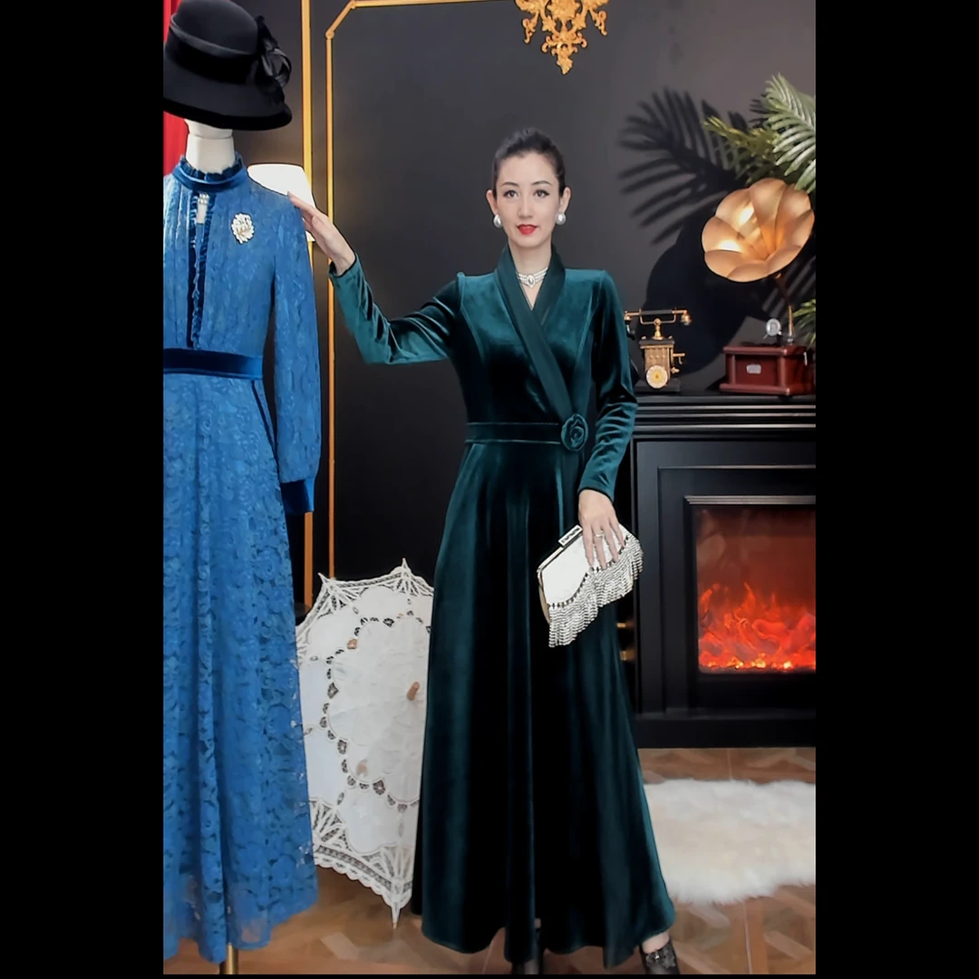 《丹尚爱》冬季缪斯复古轻奢法式优雅拼接加绒加厚假两件女装连衣裙