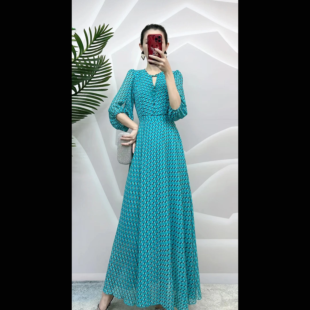 碧海蓝天减龄显瘦气质优雅收腰灯笼袖时尚夏季法式复古连衣裙