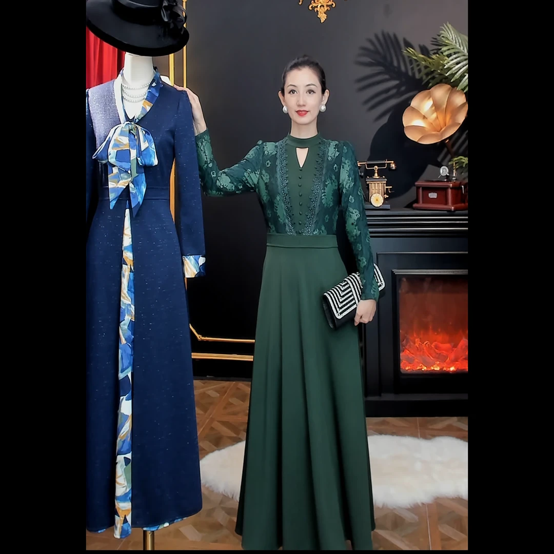 《丹尚爱》锦绣山河轻奢墨绿色气质复古加厚优雅百搭圆领显瘦连衣裙