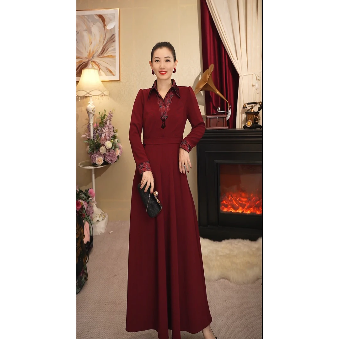 《丹尚爱》锦绣华年红色冬季加厚收腰显瘦裙子衬衫领拼接女士连衣裙