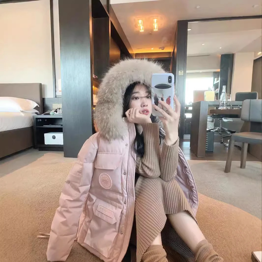 平湖粉色工装派克服羽绒服女短款冬季2024新款外套女款加厚秋冬款