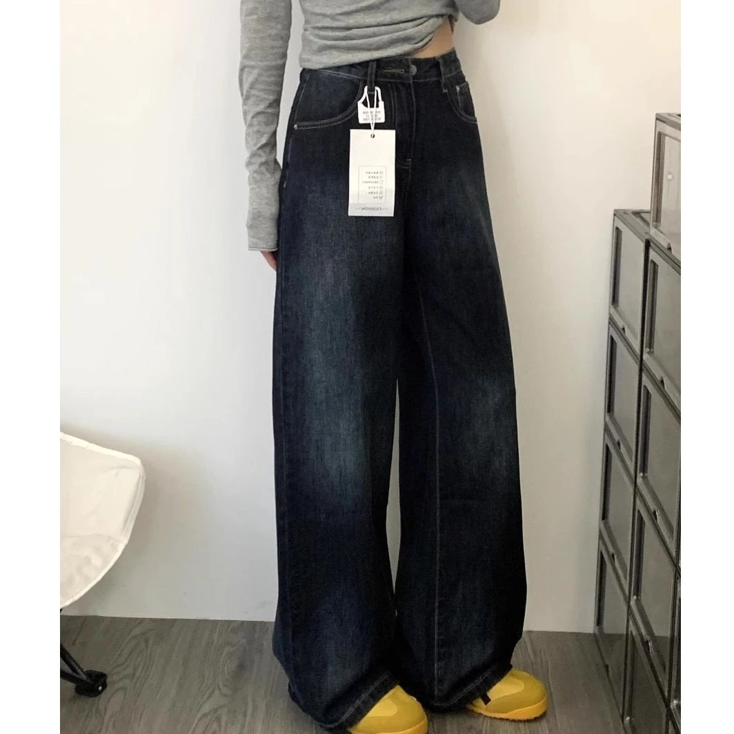 美式复古水洗宽松直筒牛仔裤女春夏新款高腰显瘦垂感百搭阔腿裤子