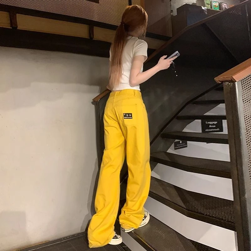 美式高街辣妹黄色阔腿牛仔裤女2025新款高腰显瘦直筒宽松拖地长裤