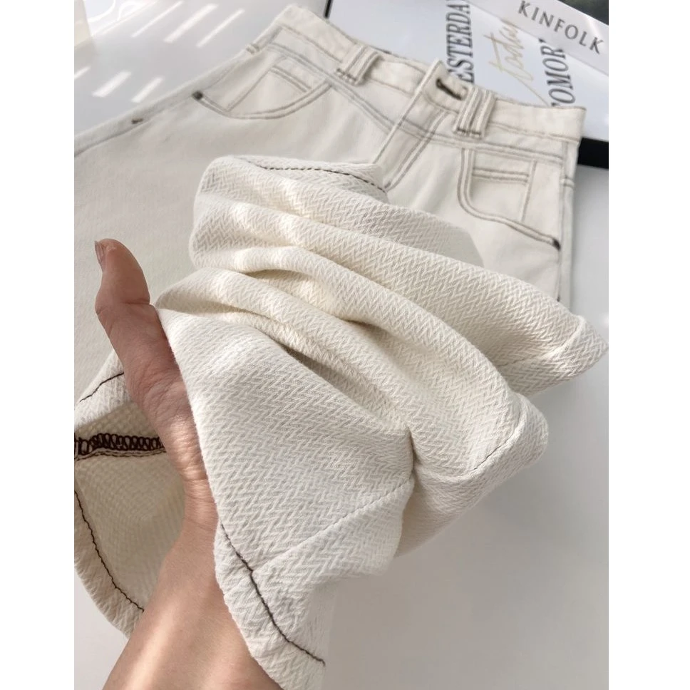 白色窄版直筒牛仔裤女2024年秋季新款高腰宽松显瘦撞色明线阔腿裤