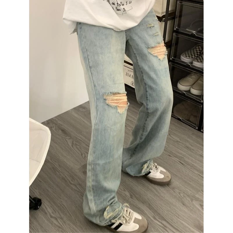 浅蓝破洞薄款高腰阔腿裤牛仔裤女2025夏季宽松新款显瘦直筒拖地裤