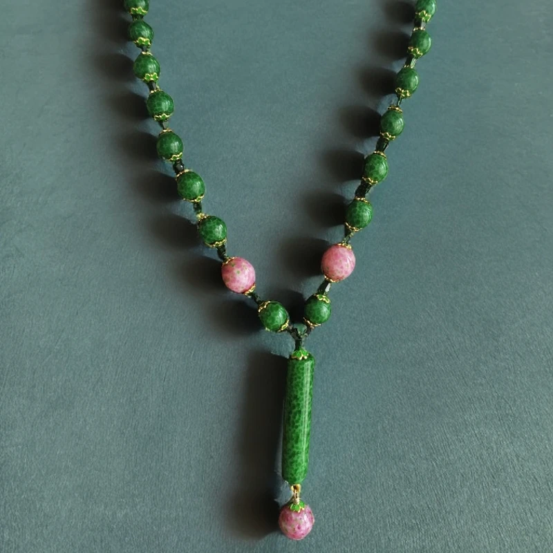 琉璃精美挂件博山粉绿蛙皮毛衣链手工气质时尚百搭绿色复古长款