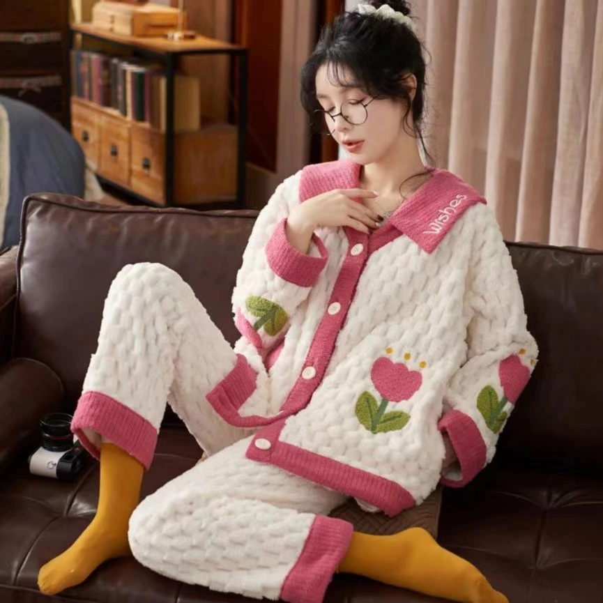 【瑜妹妹】暖白桃粉撞色兔兔绒花朵冬季加厚加绒冬女士