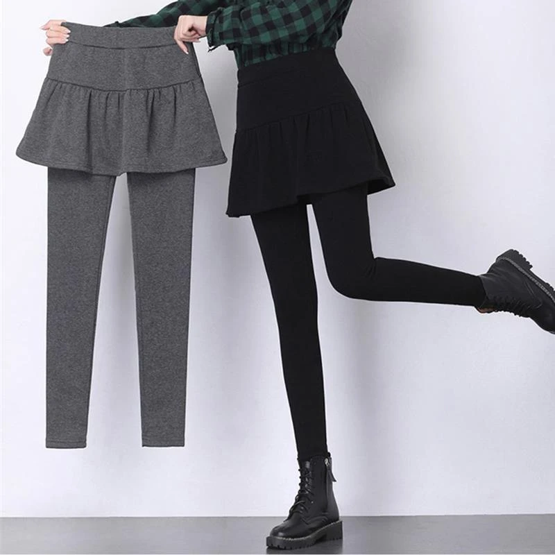 秋冬少女假两件裙裤初中生高中生加绒加厚中学生保暖外穿打底裤