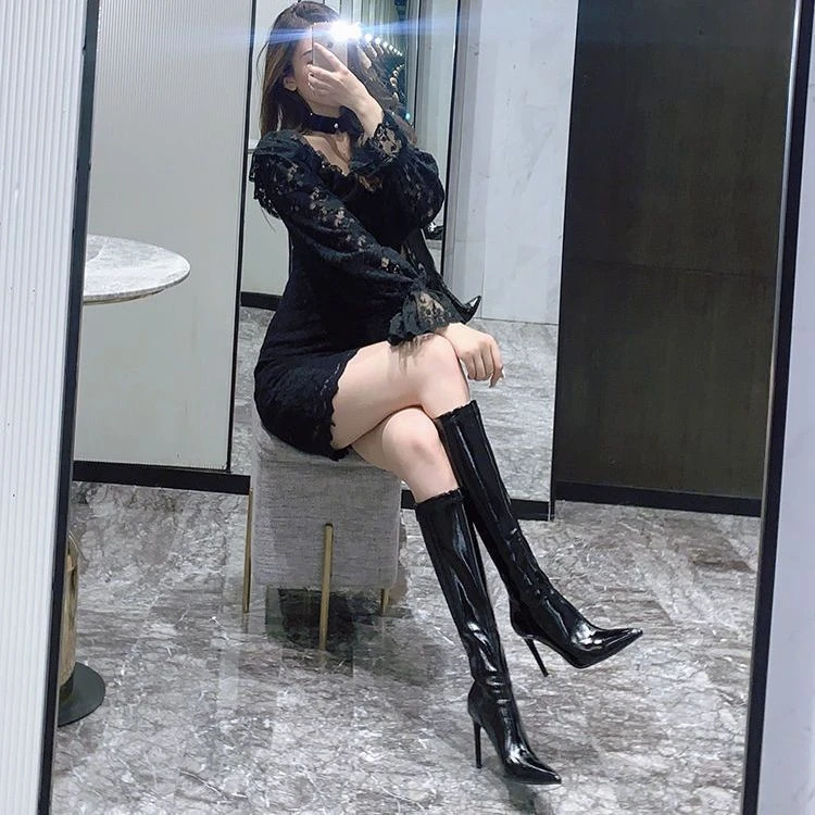 高筒漆皮长靴女2022年新款秋冬高跟鞋细跟中筒靴子尖头瘦瘦长筒靴