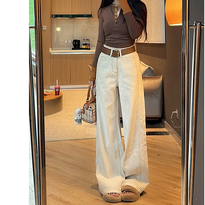 杏色原牛腰带阔腿裤牛仔裤女24秋季新款高腰宽松显瘦拖地裤