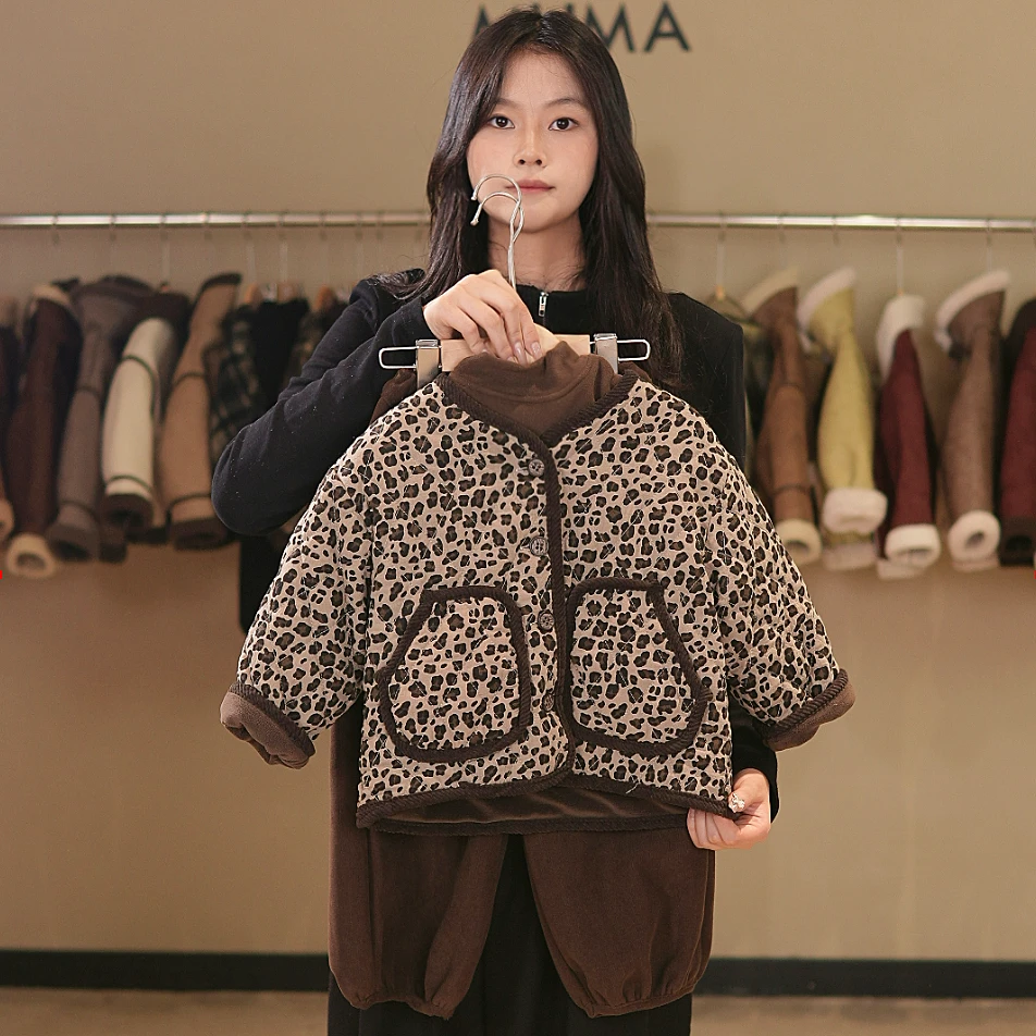 2024冬季儿童韩版加厚秋冬长袖豹纹保暖洋气三件套套装-82495