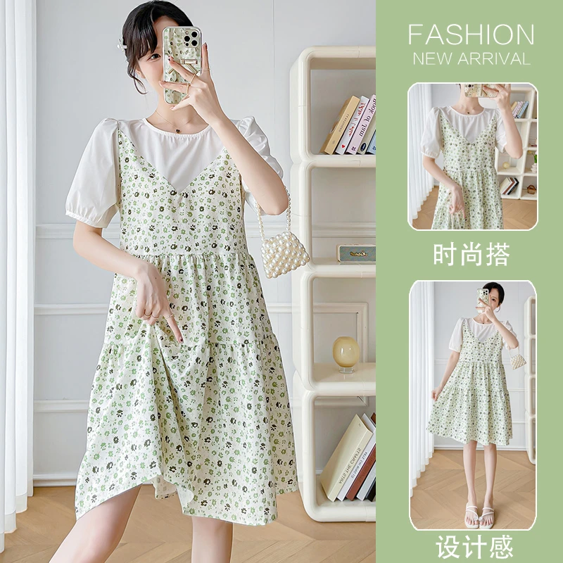 夏季韩版时尚宽松拼接碎花小清新设计感辣妈孕妇连衣裙小个子产后