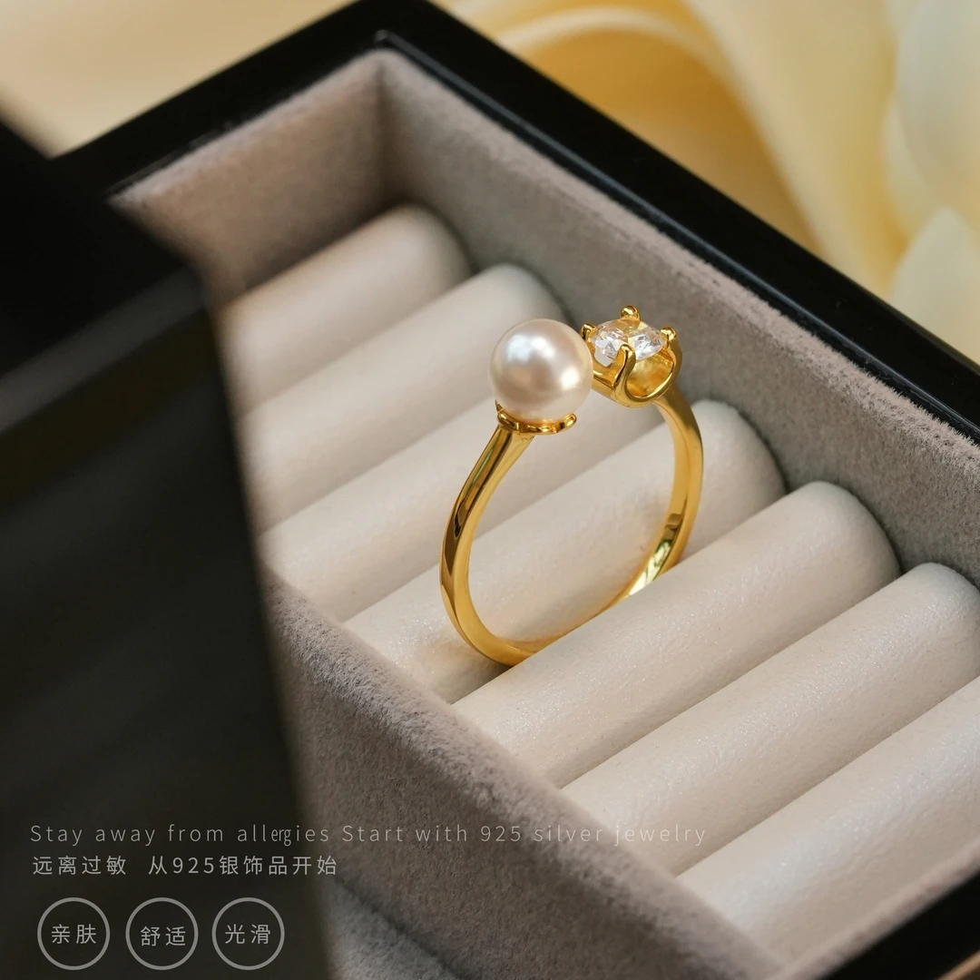 丽沁 925银戒指 锆石珠珠开口可调节戒指显瘦气质轻奢时尚戒圈