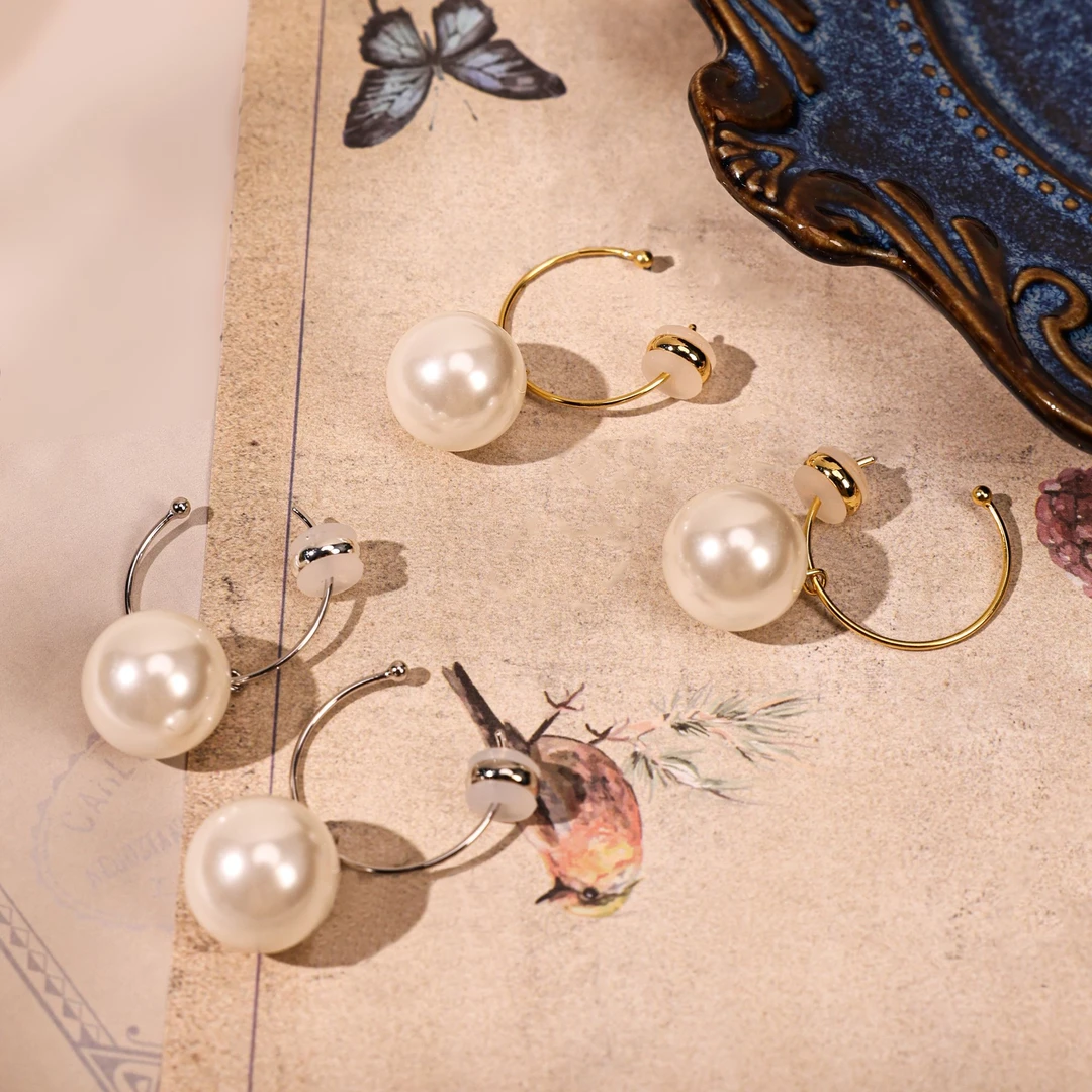 丽沁 925银耳饰 优雅珠珠C型耳圈女法式复古耳饰ins风耳环