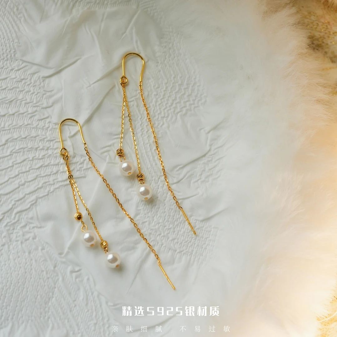 丽沁 925银耳饰 爆闪珠流苏U型耳钩秋冬新品气质防丢百搭优雅耳线