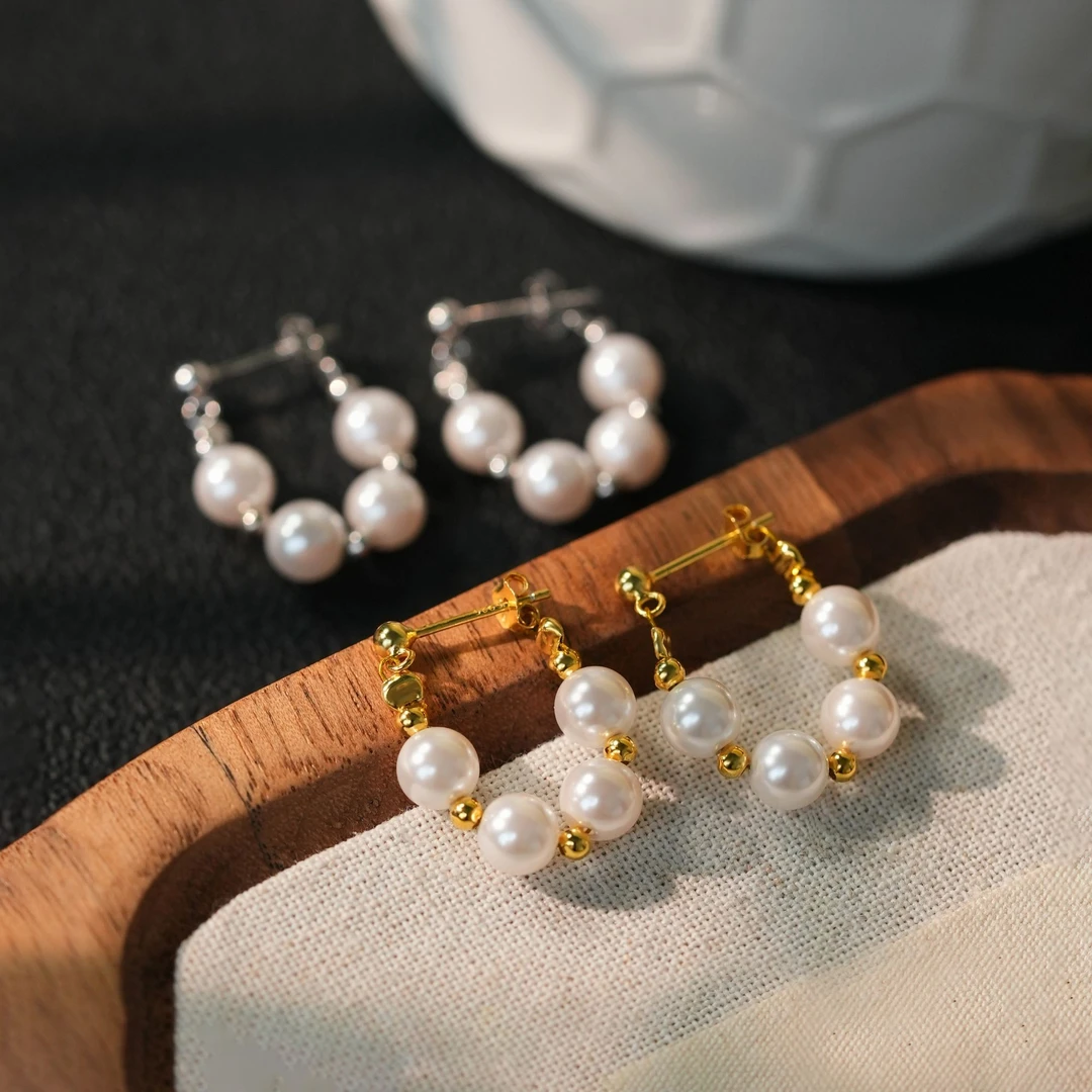 丽沁 925银耳饰 气质珠珠小银豆耳圈女小众简约设计感耳环