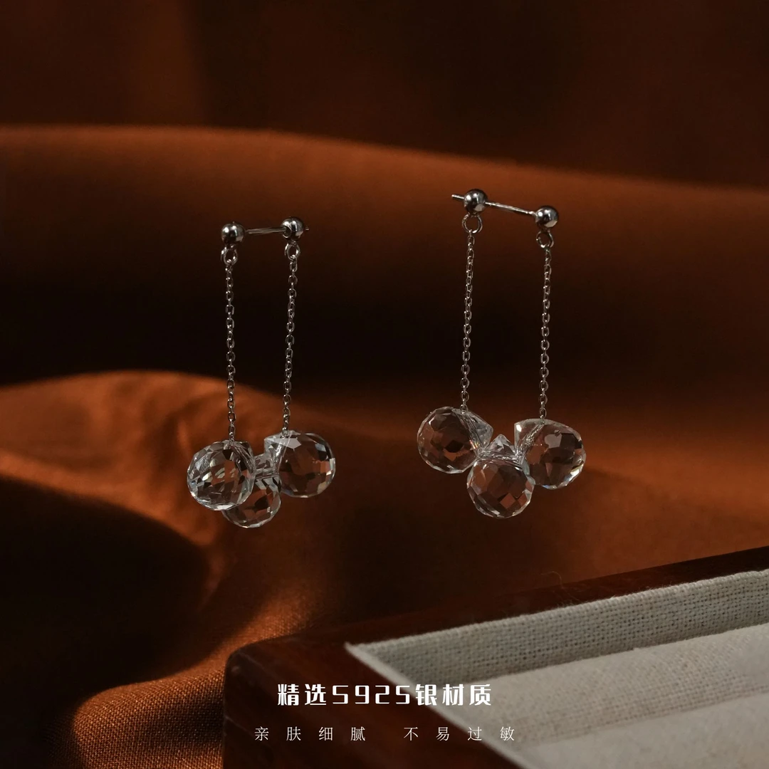 丽沁 925银玻璃耳饰 优雅水滴切面珠耳环气质设计感两戴耳圈耳饰