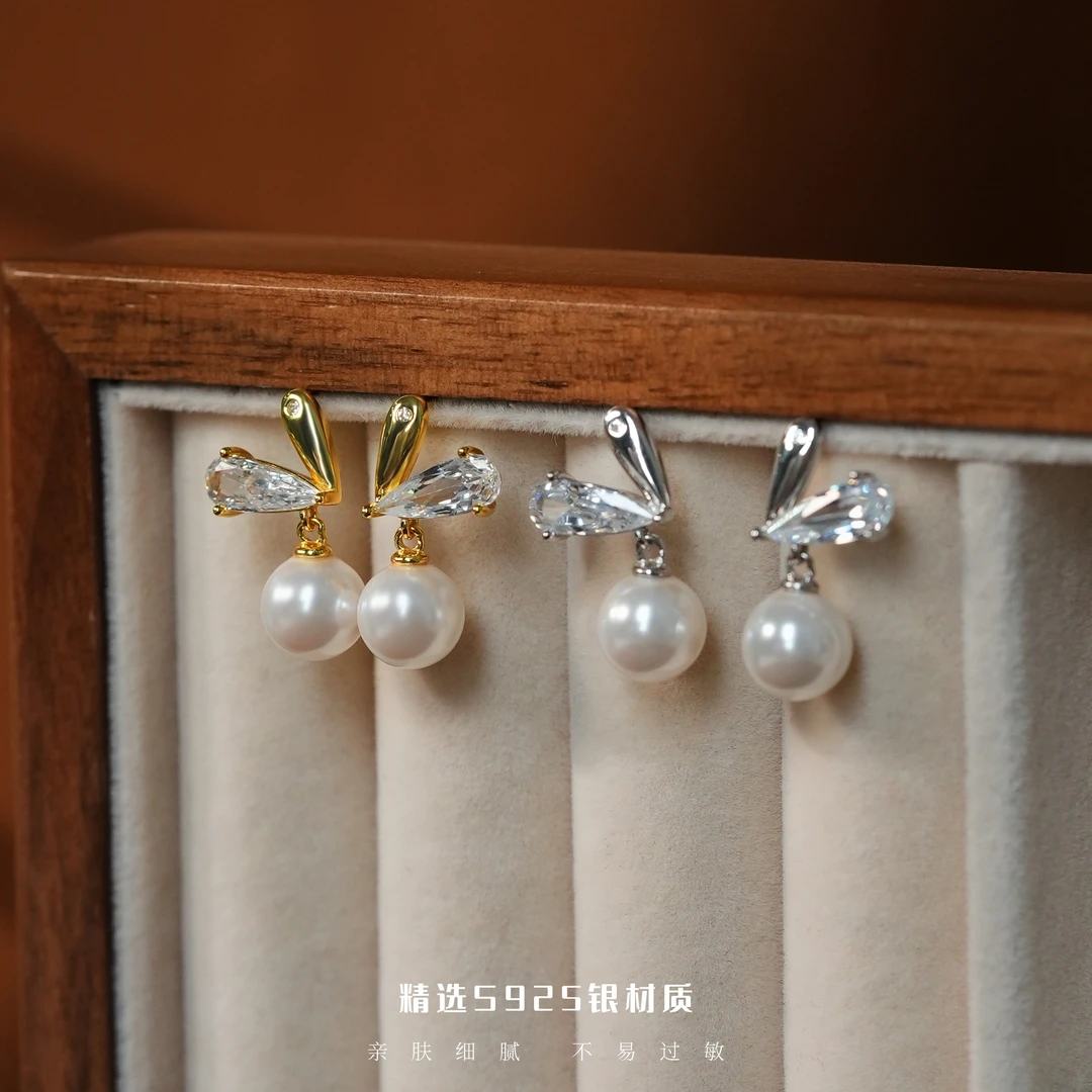 丽沁 925银耳饰 甜美爱心锆石珠珠耳钉女小众设计感轻奢耳环耳饰