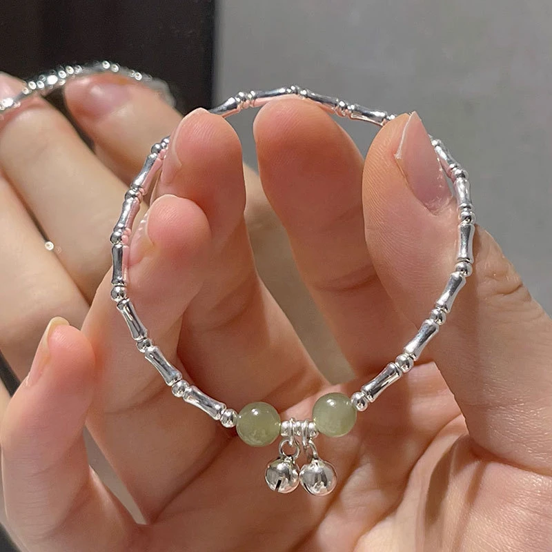 丽沁 925银手链 纯银竹节手镯女轻奢高级感玉珠铃铛手串清冷手链