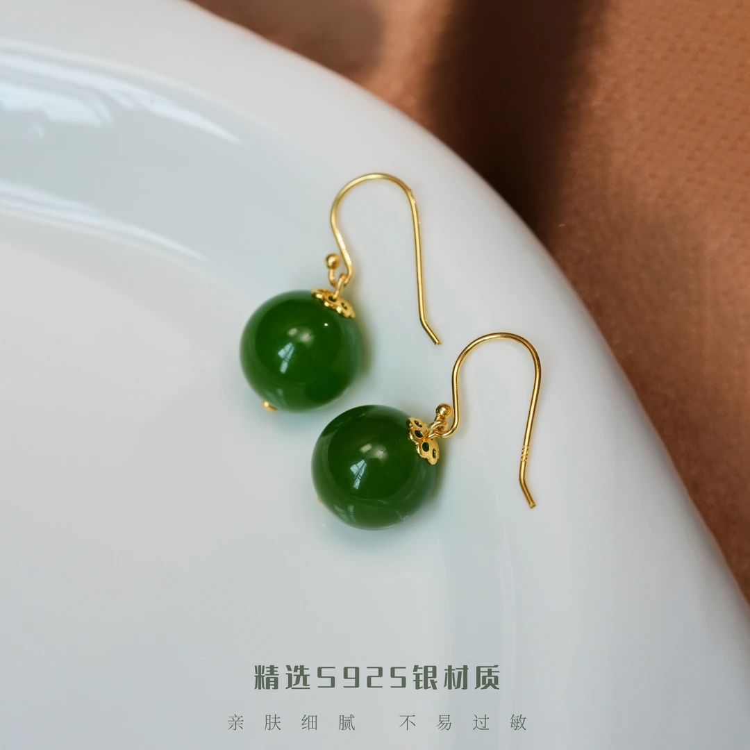 丽沁 925银耳饰 新中式古风绿珠耳钩女优雅复古耳饰轻奢小众耳环