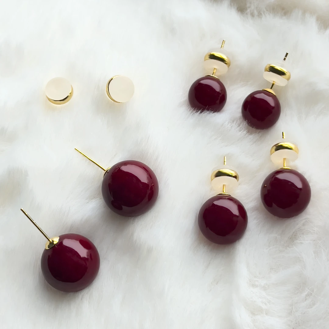 丽沁 925银耳饰 酒红色珠珠耳钉女复古港风耳饰气质高级耳环