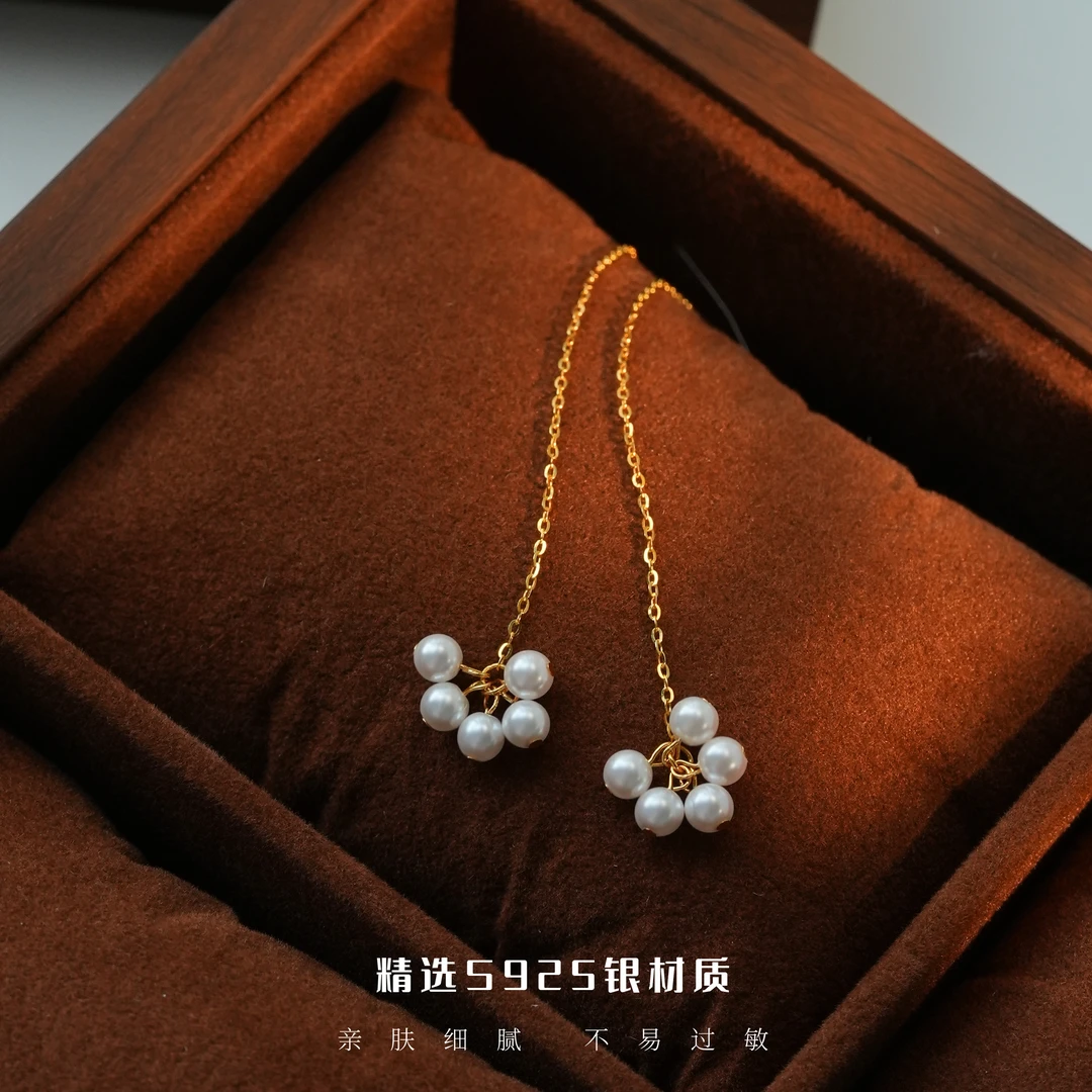 925银耳饰 精致小巧花朵流苏耳线法式温柔气质银耳饰显瘦耳坠