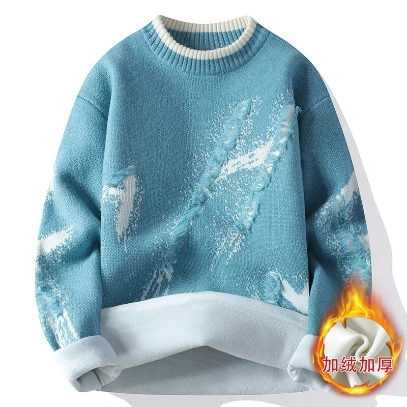 2024新款秋冬季毛衣男加绒加厚韩版宽松圆领休闲针织衫打底衫