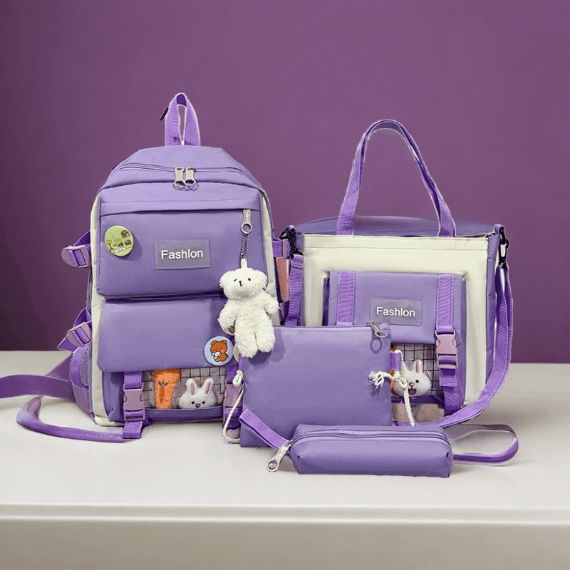 精美韩版书包四件套双肩学生休闲子母包四件套帆布包不锈钢拉链包